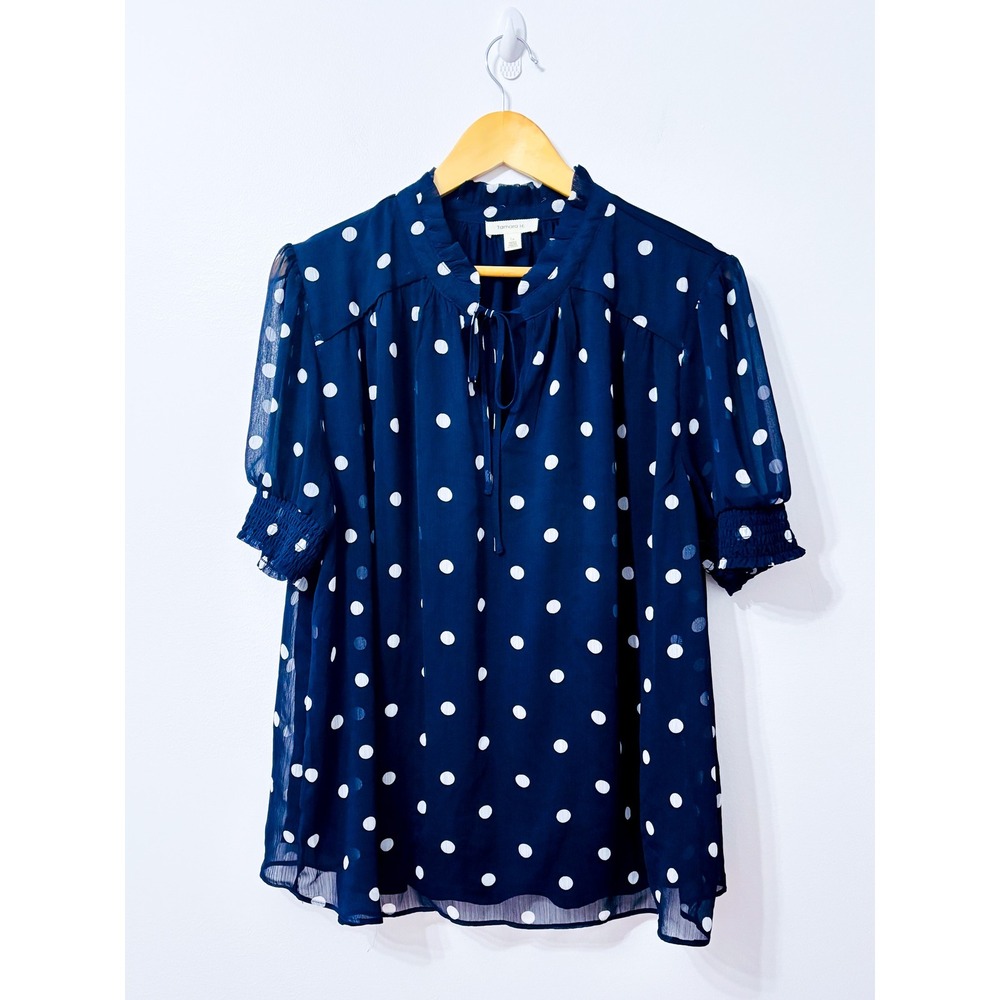 TAMARA H. Navy White Polka Dot Blouse Tie Neck Ruffle Smocked Cuffs Size 1X